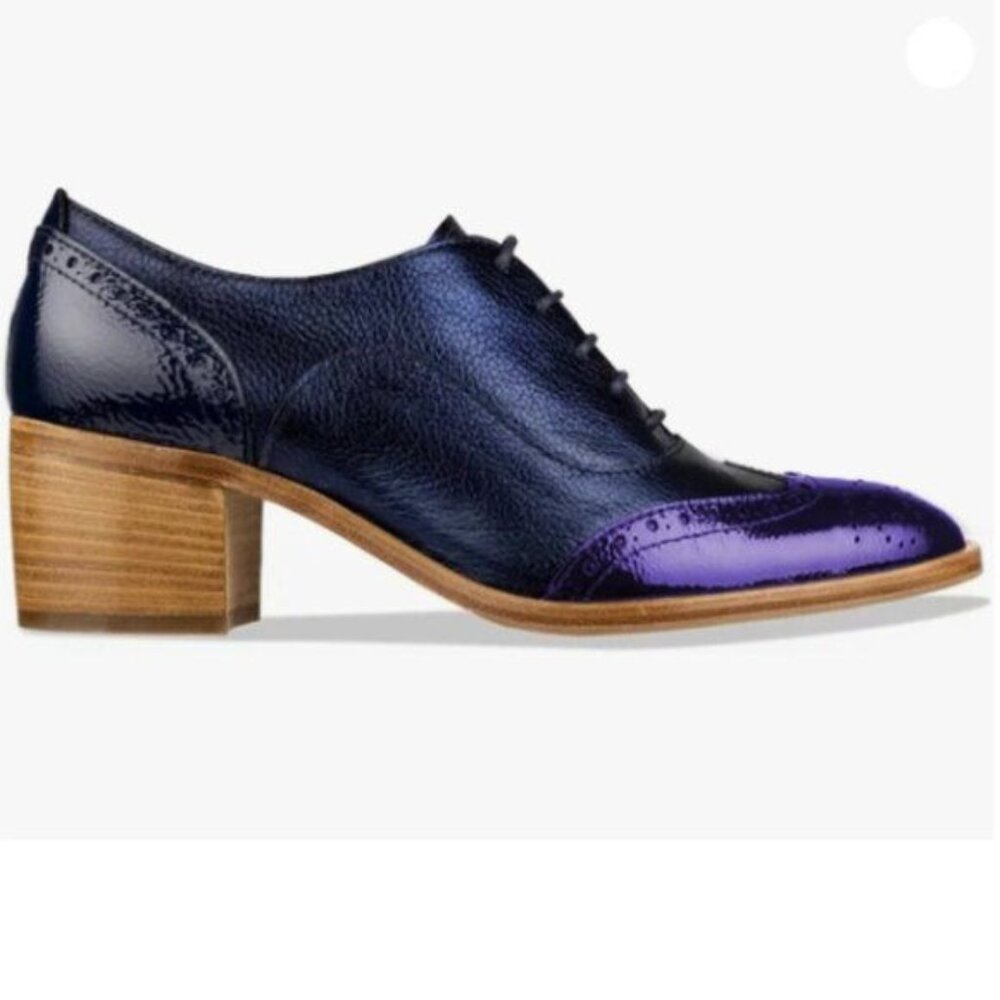 FOWT Women's Perforated Lace-Up Oxfords Almond Toe Mid Chunky Heel Derby Blue
